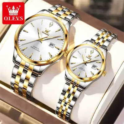 OLEVS 5598 Couple Watch Luxury Brand Waterproof Quartz Watch Fashion Diamond Calendar Date Week His and Her Couple Watch Gift - 5598C_White & Silver & Golden